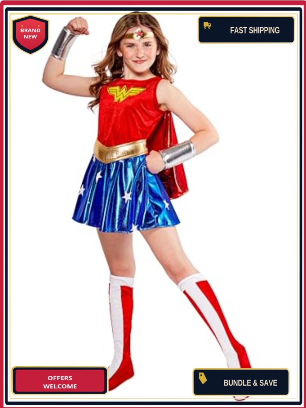 Girls Wonder Woman Costume Dress Belt Gauntlets Tiara Boot Tops Size 8-10
